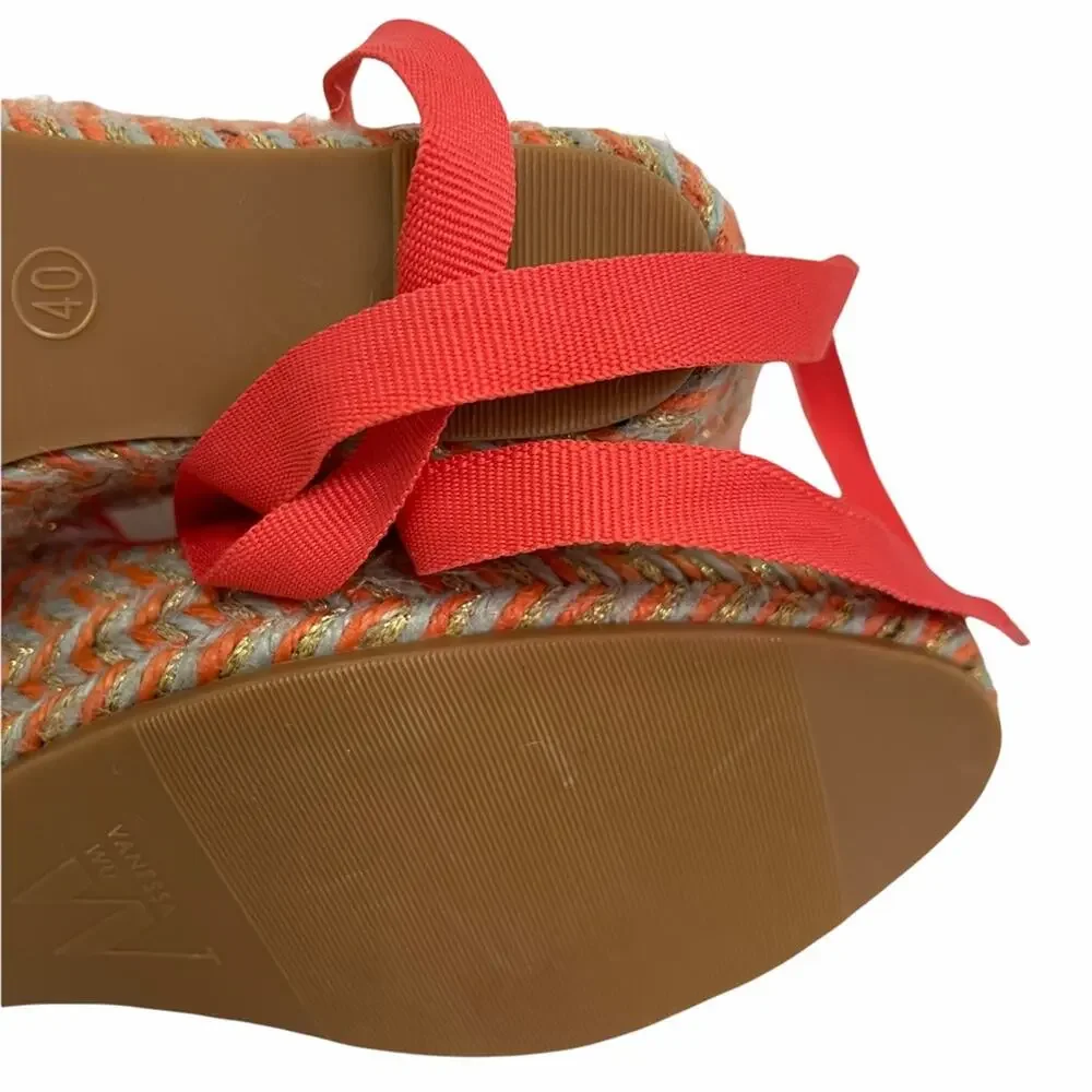 NWOT VANESSA WU Espadrille Wedge Coral Gold Gray Raffia Yarn Size 40/ US 10
